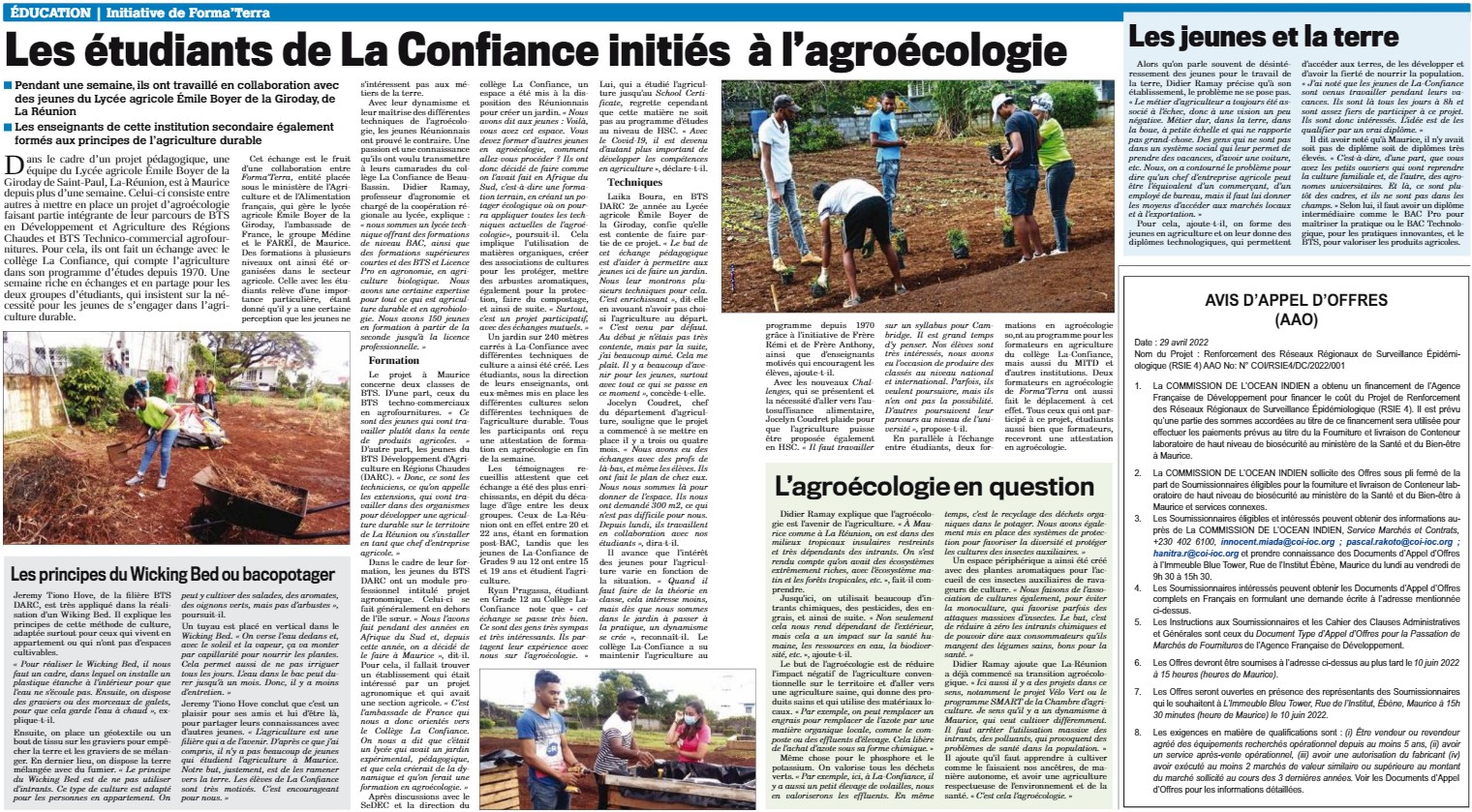 Les étudiants de La Confiance initiés à l’agroécologie – Le Mauricien – 04.05.2022